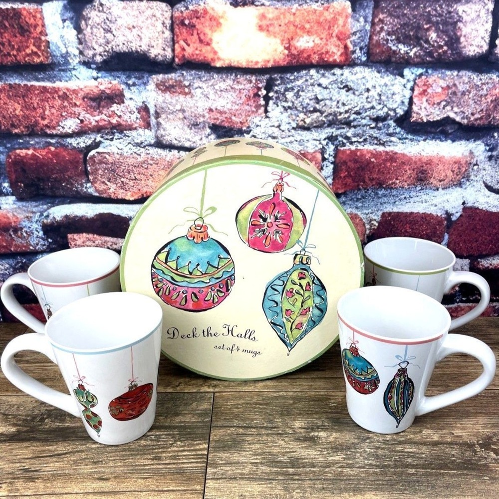 Rosanna Deck the Halls Set of 4 Christmas Mugs Holiday Ceramic Coffee Cups